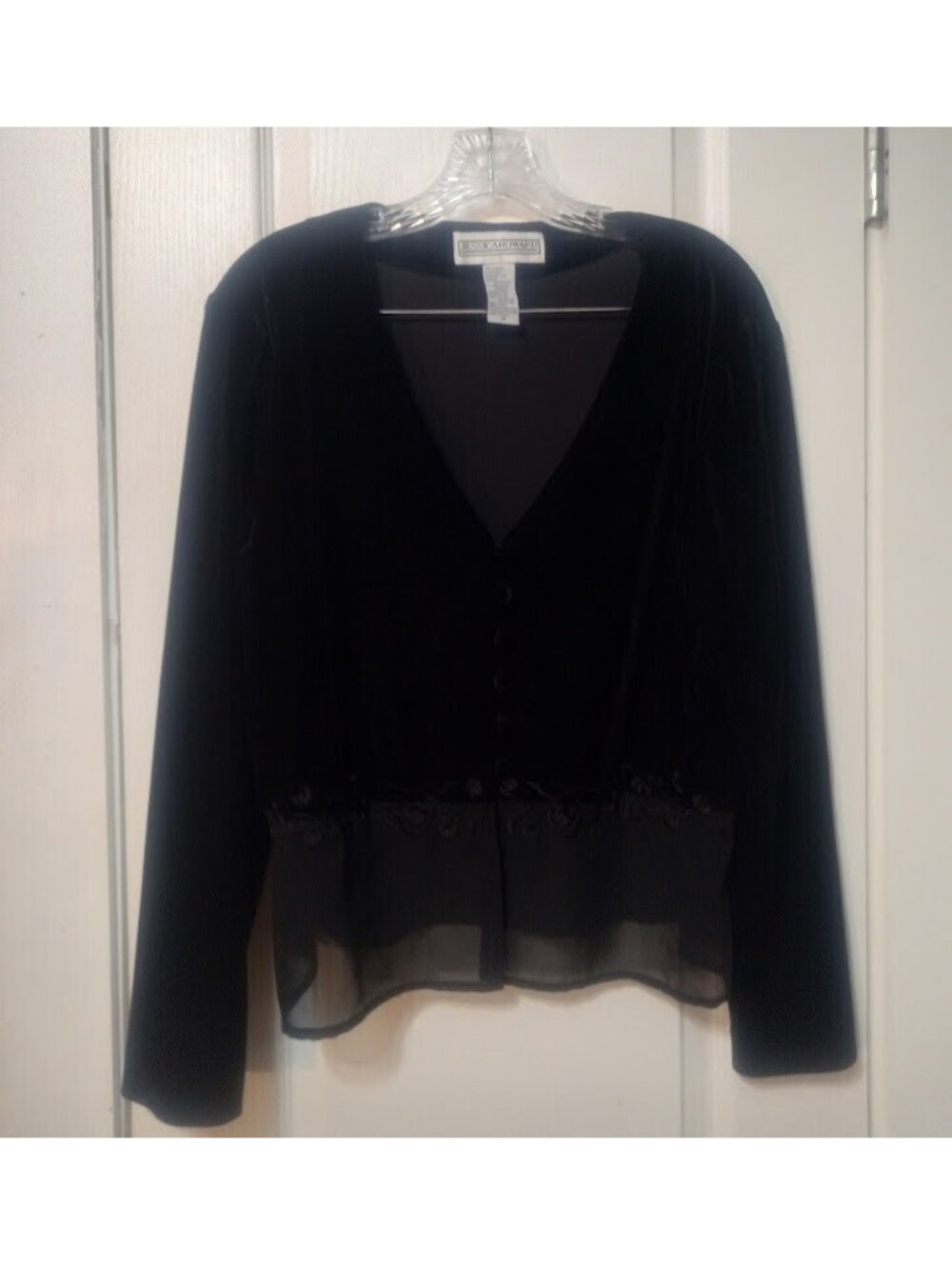 Black Velvet Embroidered Button‑Up Blouse — Jessica Howard, Size 14